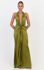 Raven Maxi Dress - Deep V Neck Tie Front Satin Dress in Olive