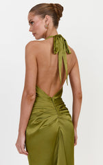 Raven Maxi Dress - Deep V Neck Tie Front Satin Dress in Olive