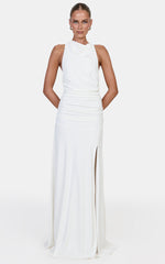Savannah Maxi Dress - Open Back Dress With High Cowl Neck And Leg Split in White