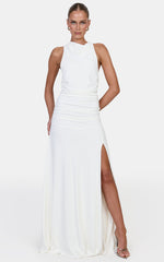 Savannah Maxi Dress - Open Back Dress With High Cowl Neck And Leg Split in White