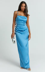 Abe Maxi Dress - Cowl Neck Ruched Bodice Slip Dress in Blue