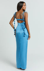 Abe Maxi Dress - Cowl Neck Ruched Bodice Slip Dress in Blue