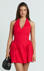 Alexi Mini Dress - Halter Deep V Fit And Flare Dress in Red