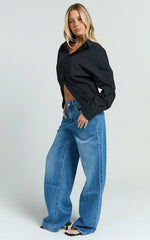Amaris Top - Long Sleeve Open Back Tie Shirt in Black