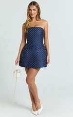 Benson Playsuit - Strapless Fit and Flare Playsuit in Navy Polka Dot