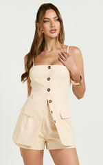 Carter Top - Longline Linen Strap Vest Top in Sand