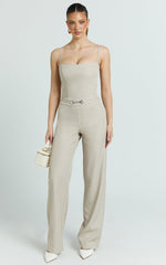 Charlize Pants - Stretch Slim Leg Front Buckle Pants in Stone