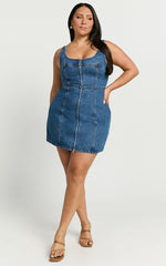 Chrysoula Mini Dress - Square Neck Zip Front Sleeveless Bodycon Denim in Mid Blue Wash