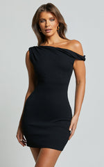 Clementine Mini Dress - Ribbed Off Shoulder Bodycon Dress in Black