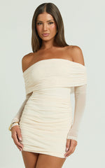 Clyde Mini Dress - Mesh Off Shoulder Ruched Bodycon Dress in Cream