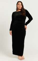 Mirabelle Midi Dress - Long Sleeve Back Cut Out Ruched Velvet Dress in Black