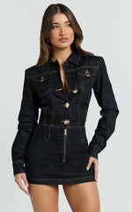 Fabia Mini Dress - Denim Hardware Button Front Fitted Shirt Dress in Dark Wash