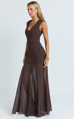 Frances Maxi Dress - Contrast U Neck Godet A Line Dress in Chocolate