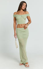 Francine Two Piece Top and Skirt Set - Twist Front Top and Mid Waist Gathered Maxi Skirt in Sage