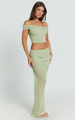 Francine Two Piece Top and Skirt Set - Twist Front Top and Mid Waist Gathered Maxi Skirt in Sage
