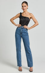 Gemma Top - One Shoulder Rosette Detail Top in Black