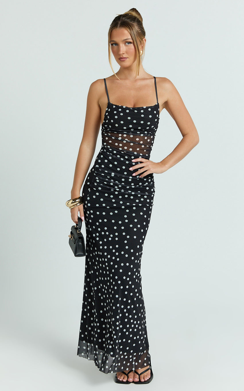 Gia Maxi Dress - Straight Neck Fitted Dress in Black White Spot
