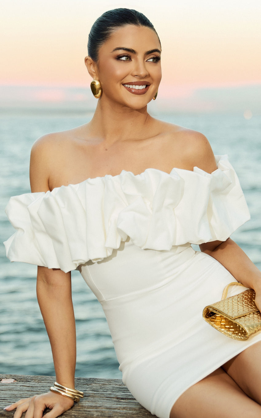 Coraline Mini Dress - Ruffle Off Shoulder Fitted Dress in White