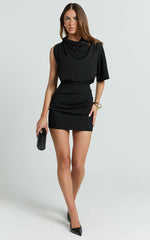 Indiana Mini Dress - High Cowl Neck Asymmetric Sleeve Fitted Skirt Dress in Black Midnight