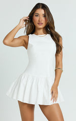 Izira Mini Dress - Boat Neck Drop Waist Shift Dress in White