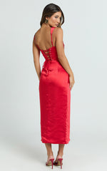 Jacinda Midi Dress - Pleated Bust Draped Front Fitted Dress in Red