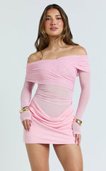 Jade Mini Dress - Long Sleeve Off Shoulder Draped Bias Cut Dress in Pink