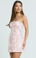 Jayden Mini Dress - Strapless A Line Dress in Pink Floral