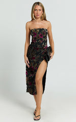 Jessell Midi Dress - High Split Strapless Dress in Black Floral