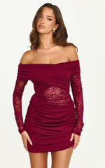 Juliet Mini Dress - Off Shoulder Lace Contrast Bodycon Dress in Wine