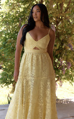 Jorie Midi Dress - Strappy Front Cut Out Tiered Skirt in Pastel Yellow