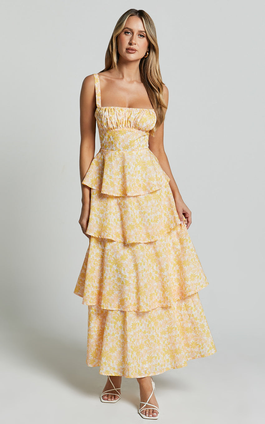 Lorma Midi Dress - Ruched Layered Dress in Orange Floral