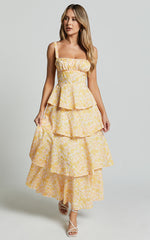 Lorma Midi Dress - Ruched Layered Dress in Orange Floral