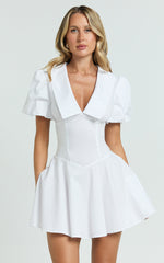 Lucy Mini Dress - Deep V Oversized  Collar Puff Sleeve A Line Dress in White