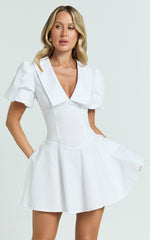 Lucy Mini Dress - Deep V Oversized  Collar Puff Sleeve A Line Dress in White