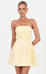 Moana Mini Dress - Strapless Floral Embellished Structured Dress in Butter Yellow
