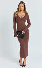 Odessa Midi Dress - U Neck Long Fitted Sleeve Sheer Waist Fitted Knit Dress in Chocolate