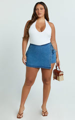 Ronnie Skort - Mid Waist Lace Up Denim Skort in Dark Blue Wash