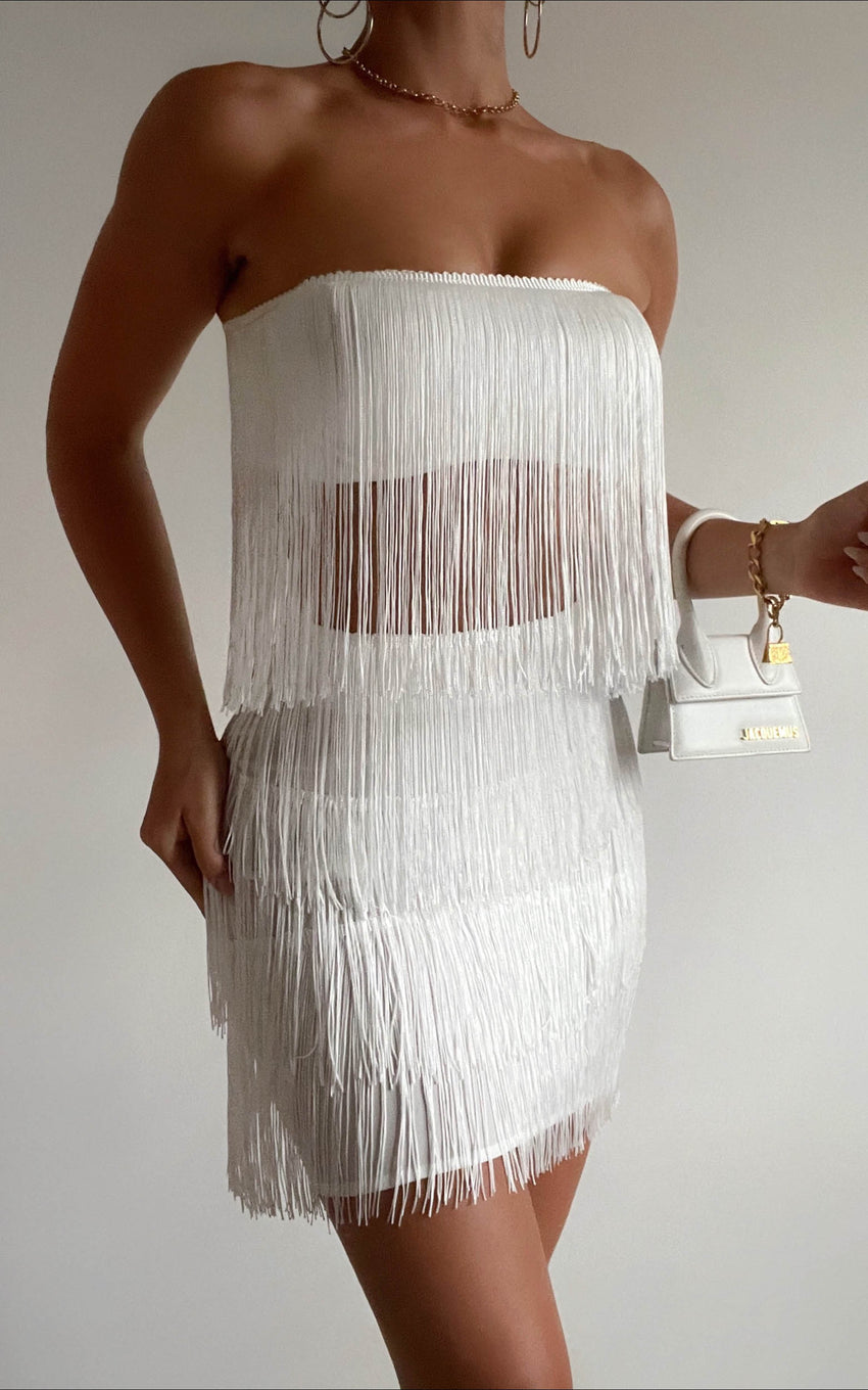 Siofra Two Piece Set - Fringe Crop Top and Mini Skirt Set in White