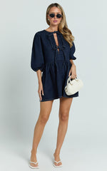 Shailene Mini Dress - Tie Front Puff Sleeve Recycled Denim Dress in Raw Indigo