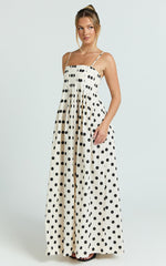 Sia Maxi Dress - Sleeveless Straight Neck A Line Dress in Beige Black Spot