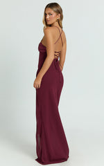 Sonya Maxi Dress - Cowl Neck Asymmetric Fit And Flare Dress in Wine