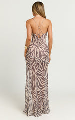 Talia Maxi Dress - Cowl Neck Low Back Dress in Abstract Zebra Print