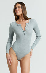 Tatem Bodysuit - Long Sleeve Button Front Bodysuit in Grey Marle