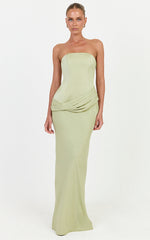 Tess Maxi Dress - Drop Waist Strapless Dress With Satin Bodice And Draped Skirt in Green