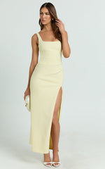 Tessa Maxi Dress - Square Neck Ruched Side Bodycon Dress in Lemon