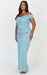 Thalassa Maxi Dress - Lace Off Shoulder Contrast Draped Cowl Waist Dress in Light Blue