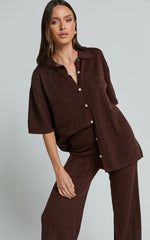 Tommy Two Piece Set - Knit Button Through Top and Pants Two Piece Set in Chocolate