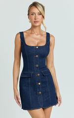 Valentina Mini Dress - Square Neck Button Down Denim Dress in Dark Blue Wash