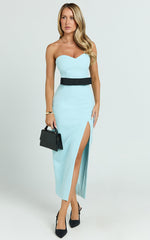 Veronica Midi Dress - Sweetheart Strapless Bow Detail High Split Dress in Blue & Black