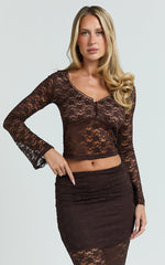 Viola Top - Lace Sheer Long Sleeve Top in Chocolate